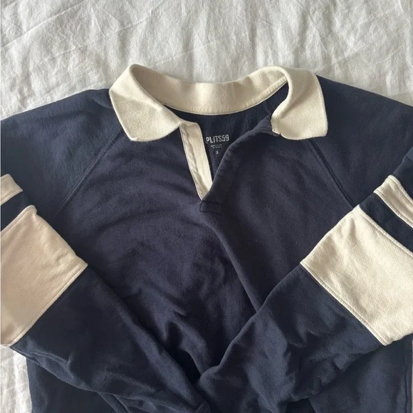 Splits59 Tiger French Terry Rugby Crop Sweatshirt in Blue and White - Picture 2 of 5